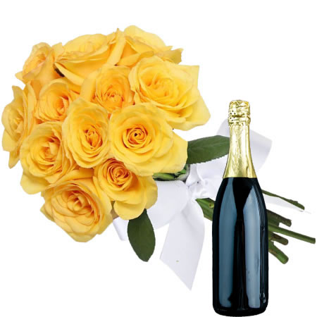 Bouquet de Fleurs de Roses Jaunes avec Vin Mousseux